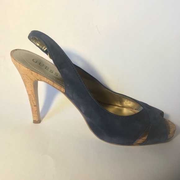 GUESS Blue Suede Cork Sling Back Peep Toe Platform - Picture 6 of 10